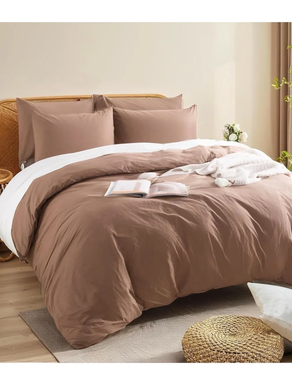 California King Mocha Brown Washed Cotton Duvet Cover. Soft Breathable Bedding